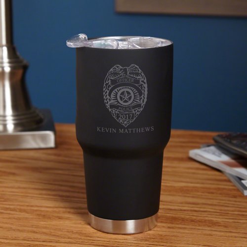 Black Engraved Police Badge Insulated Travel Mug