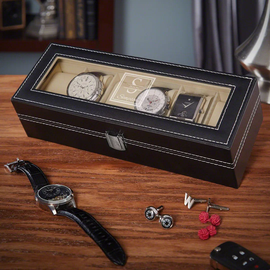 Black Engraved Stamped Monogram Leather Watch Box (Front)