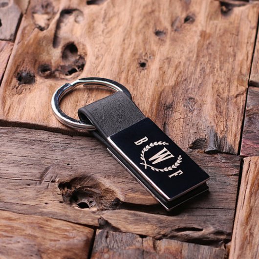 Black Engraved Wreath Monogram Leather Keychain (Top)
