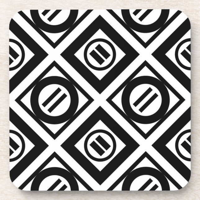 Black Equal Sign Geometric Pattern on White Beverage Coaster (Front)