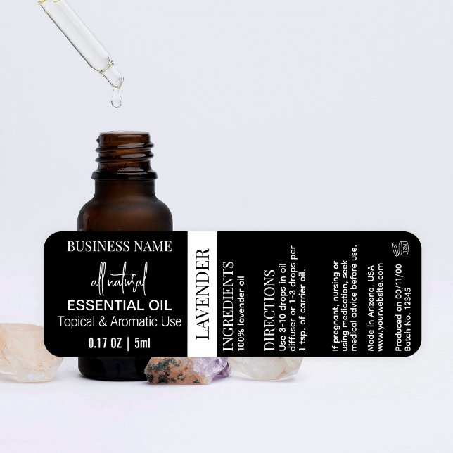 Black Essential Oil Bottle Wrapper Waterproof Labels (Minimalist black essential oil waterproof label with space for your product details & ingredients)