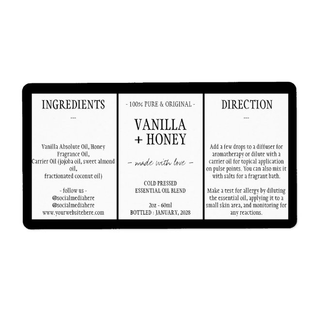 Black Essential Oil Cosmetic Bottle Wrap Around Label