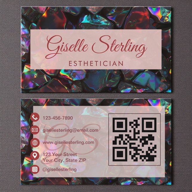  Black Esthetician Opal Gemstone QR Code Business Card (Creator Uploaded)