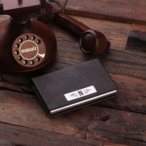 Black Etched Monogram Leather Business Card Holder