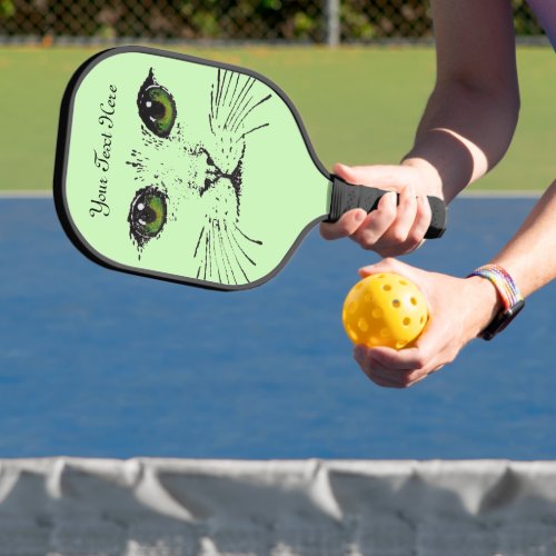 Black Etching of Cat Face Whiskers Green eyes Pickleball Paddle