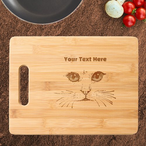 Black Etching of Cat Face with Long Whiskers Cutting Board