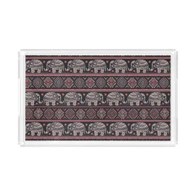 Black Ethnic Elephant Pattern Acrylic Tray (Front)