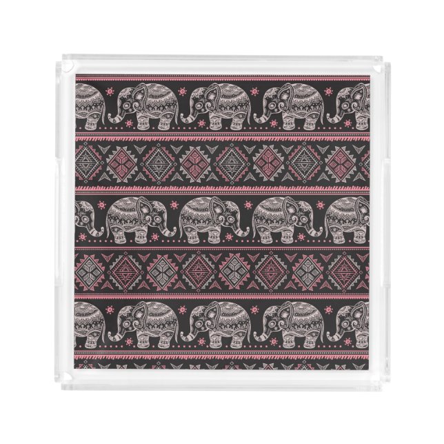Black Ethnic Elephant Pattern Acrylic Tray (Front)