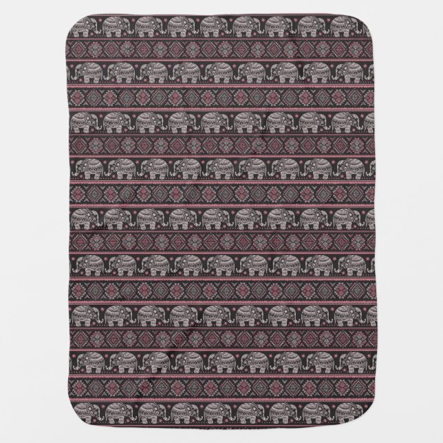 Black Ethnic Elephant Pattern Baby Blanket (Front)