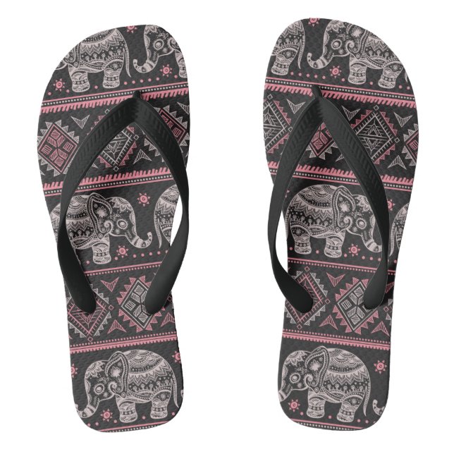 Black Ethnic Elephant Pattern Flip Flops (Footbed)