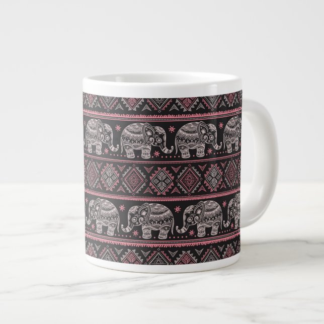 Black Ethnic Elephant Pattern Giant Coffee Mug (Front Right)
