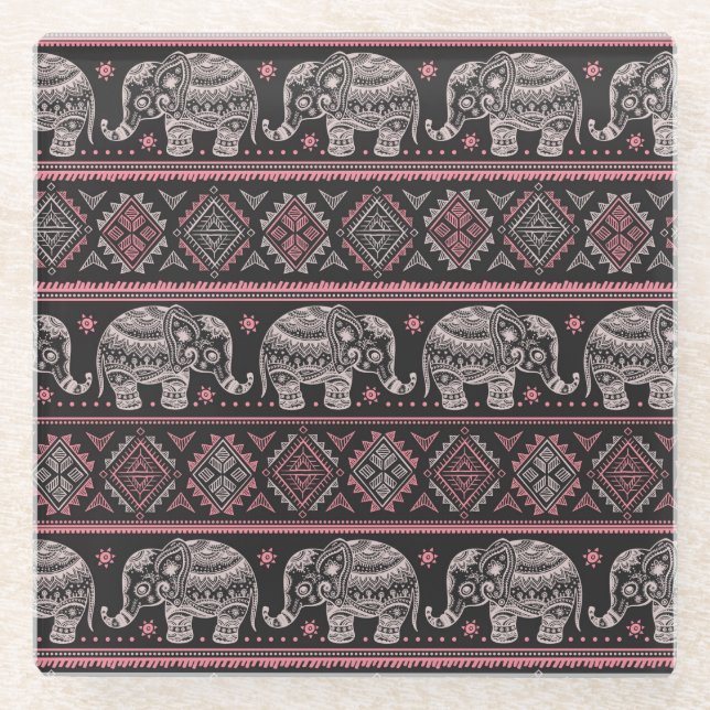 Black Ethnic Elephant Pattern Glass Coaster (Front)