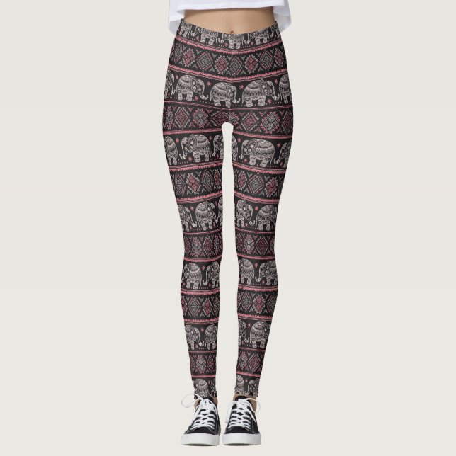 Black Ethnic Elephant Pattern Leggings (Front)