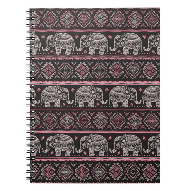 Black Ethnic Elephant Pattern Notebook (Front)