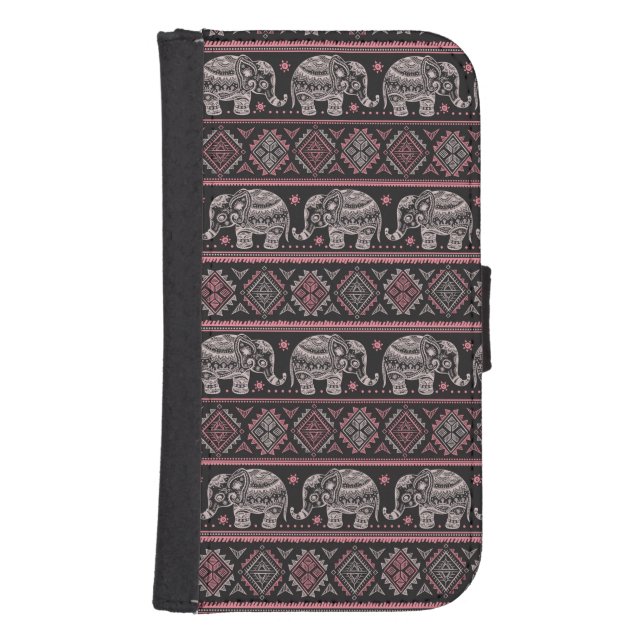 Black Ethnic Elephant Pattern Samsung Galaxy Wallet Case (Front)