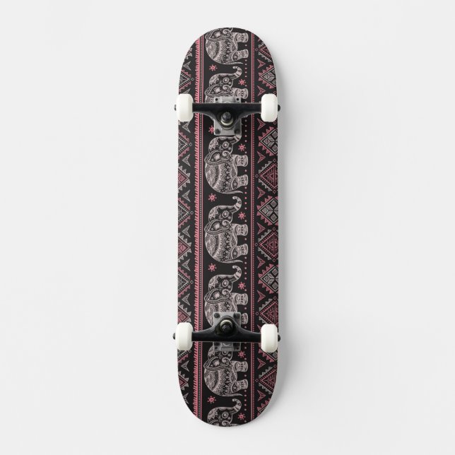 Black Ethnic Elephant Pattern Skateboard Deck (Front)
