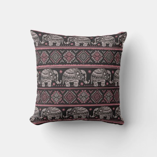 Black Ethnic Elephant Pattern Throw Pillow