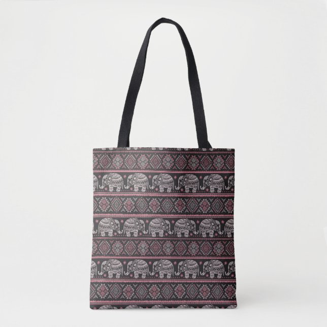 Black Ethnic Elephant Pattern Tote Bag (Front)