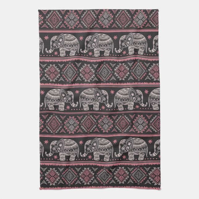 Black Ethnic Elephant Pattern Towel (Vertical)