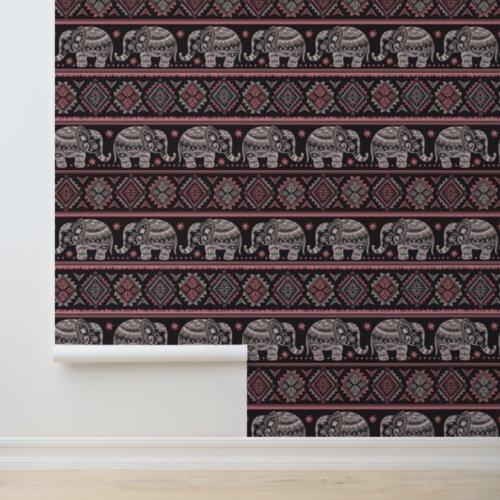 Black Ethnic Elephant Pattern Wallpaper