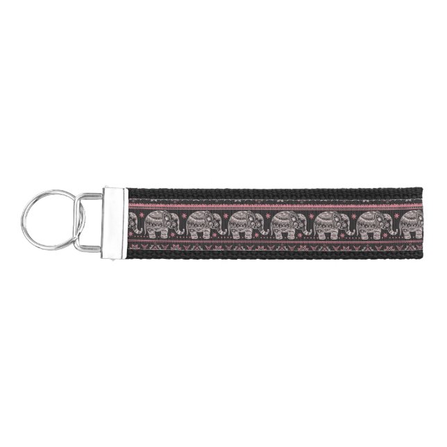 Black Ethnic Elephant Pattern Wrist Keychain (Keys on Left)