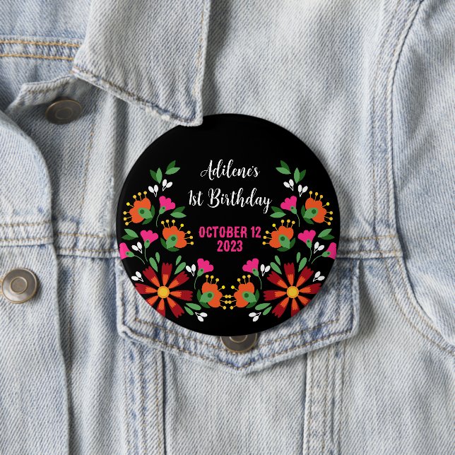 Black Ethnic Flower Fiesta Mexican Embroidery  Button (In Situ)