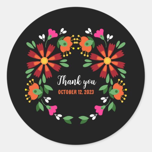 Black Ethnic Flower Fiesta Mexican Embroidery  Classic Round Sticker