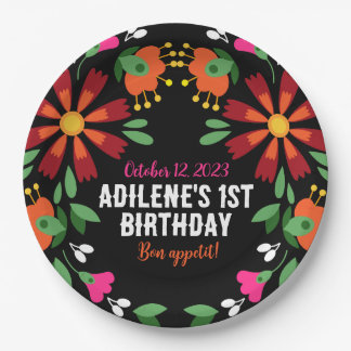 Black Ethnic Flower Fiesta Mexican Embroidery Paper Plates