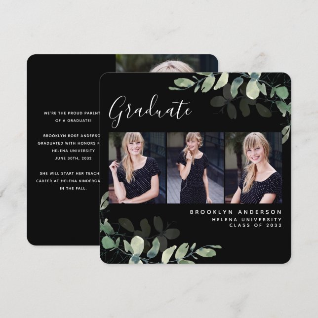 Black Eucalyptus 3 Photos Graduation Announcement (Front/Back)