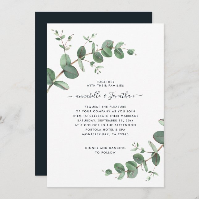 Black Eucalyptus botanical foliage modern Invitation (Front/Back)