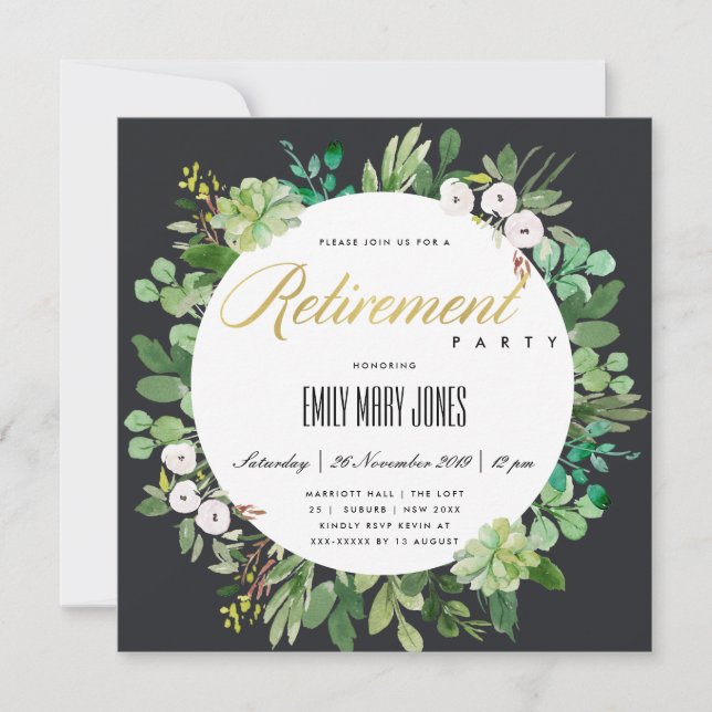 BLACK EUCALYPTUS FOLIAGE WATERCOLOR RETIREMENT INVITATION (Front)