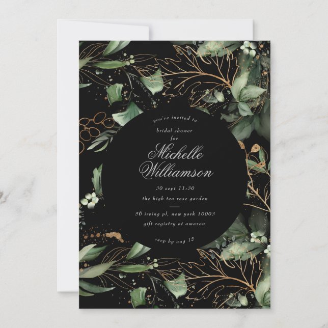 Black Eucalyptus Golden Boho Elegant Pampas Bridal Invitation (Front)