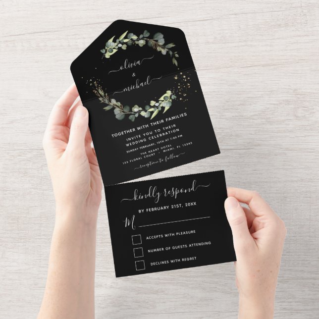 Black Eucalyptus Greenery Wedding Elegant All In One Invitation (Tearaway)