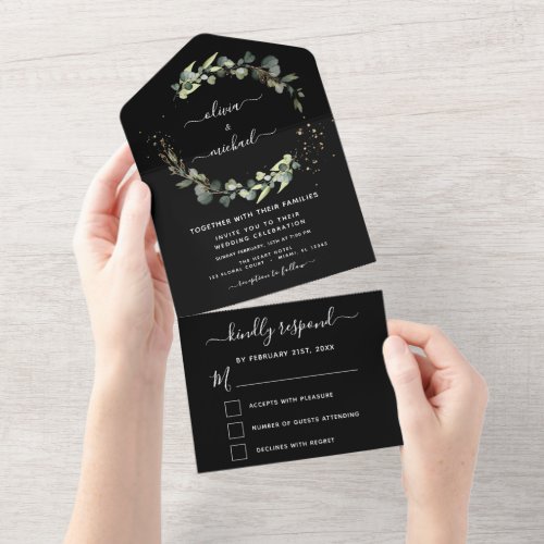 Black Eucalyptus Greenery Wedding Elegant All In One Invitation