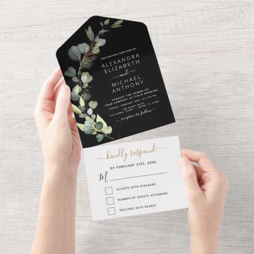 Black Eucalyptus Greenery Wedding Elegant Modern All In One Invitation