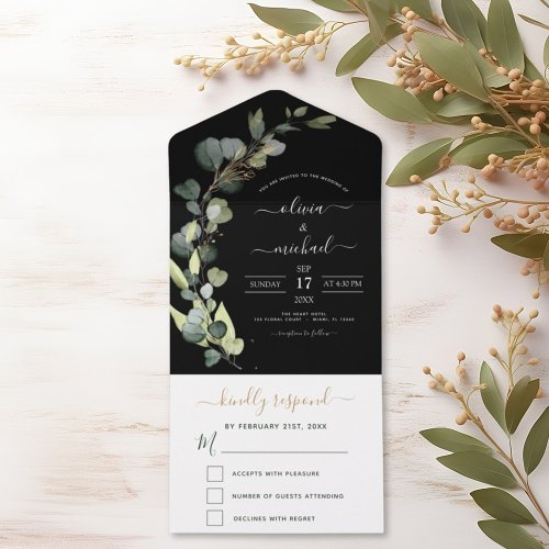 Black Eucalyptus Greenery Wedding Elegant Modern All In One Invitation