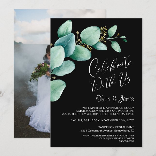 Black Eucalyptus Wedding Reception Invitation (Front/Back)