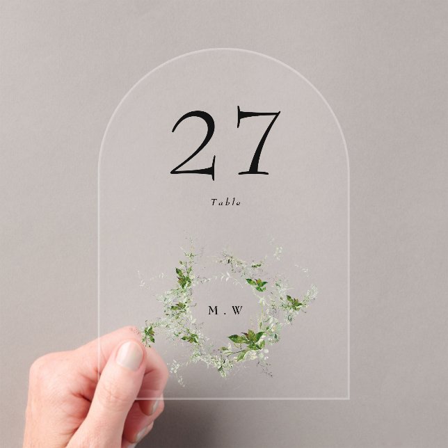 Black Eucalyptus Wreath Arch Acrylic Table Number (Insitu (Handheld))