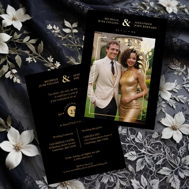 Black Exquisite Ornate Tulips Frame Photo Wedding  Foil Invitation (Black Exquisite Ornate Tulips Frame Photo Wedding Golden metallic Foil Invitations Cards.)