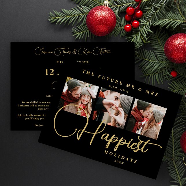 Black Exquisite Sophisticated Wedding Xmas 3Photos Save The Date (Black Exquisite Sophisticated Wedding Christmas 3 Photos in Fake Gold Holiday as a Save the Date.)