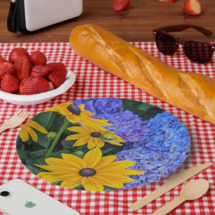 Black Eyed Susan and Blue Hydrangea Floral Paper Plates