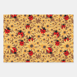 Black-Eyed Susan And Ladybugs Seamless Pattern Wrapping Paper Sheets