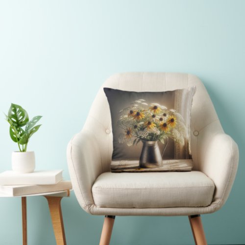 Black_eyed Susan Bouquet On Lace  Throw Pillow