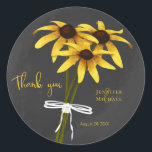 Black Eyed Susan chalk drawn flowers wedding Classic Round Sticker<br><div class="desc">These wildflower chalkboard style wedding or any occasion stickers feature a ribbon-tied bunch of 3 chalk-drawn Black Eyed Susan flowers with bicolored gold and mahogany petals and custom template text fields - by katz_d_zynes</div>