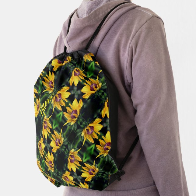 Black Eyed Susan Flower Unfolding Personalized Drawstring Bag (Insitu)