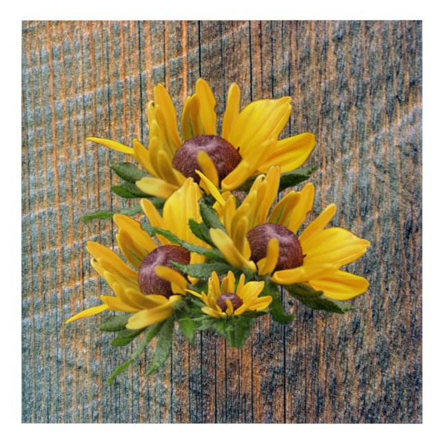 Black Eyed Susan Flowers On Barnboard    Acrylic Print (Front)