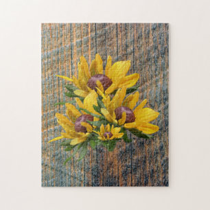 Black Eyed Susan Flowers On Barnboard Jigsaw Puzzle
