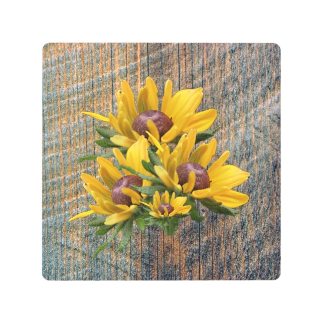 Black Eyed Susan Flowers On Barnboard     Metal Print (Front)
