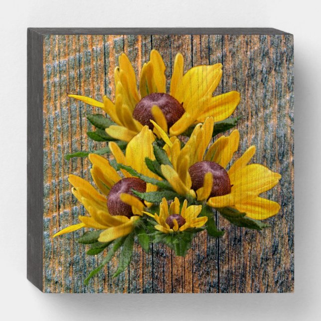 Black Eyed Susan Flowers On Barnboard   Wooden Box Sign (Front Horizontal)