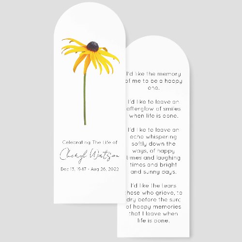 Black Eyed Susan Simple Funeral Memorial Bookmark